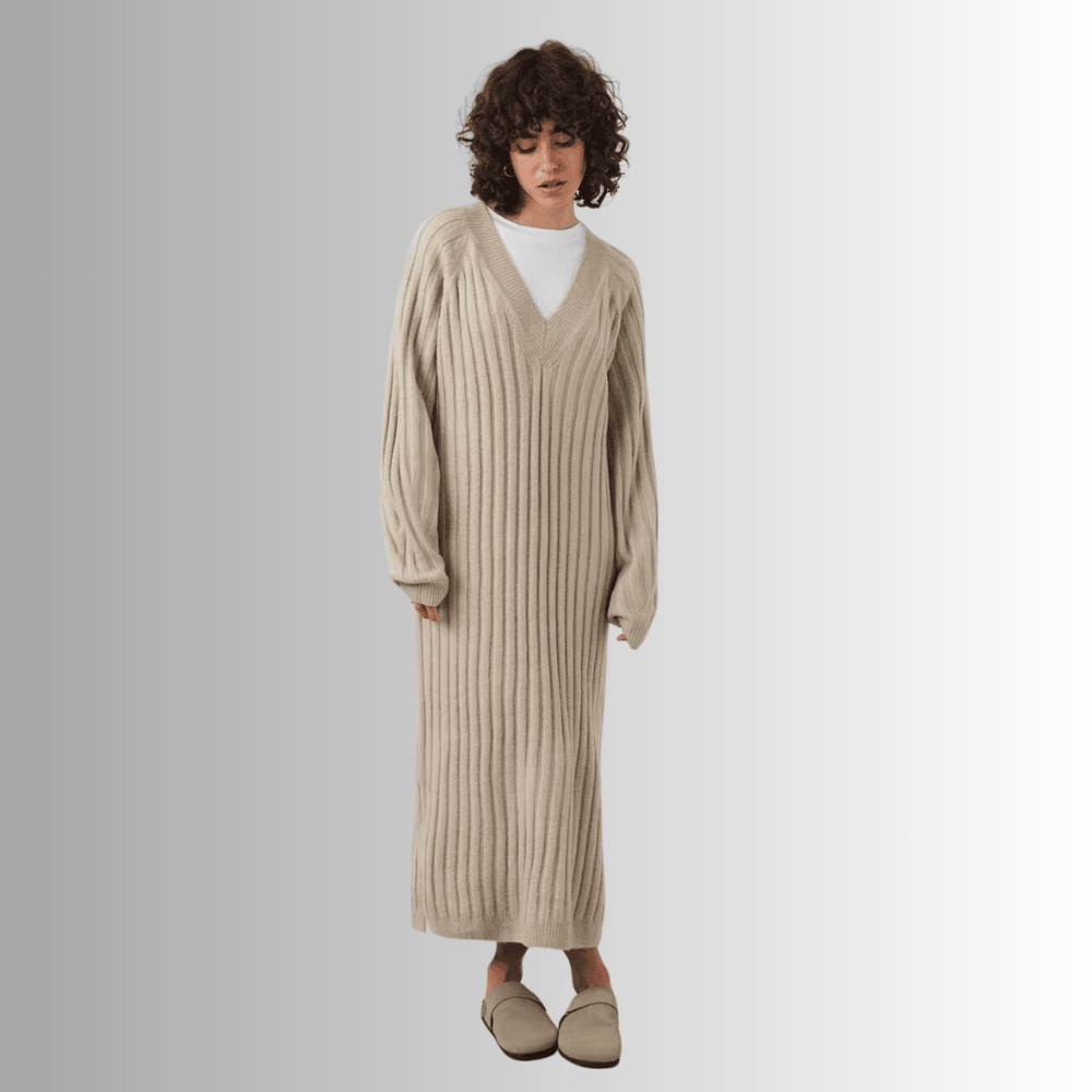 beige knitted dress with long raglan sleeves jdqcf