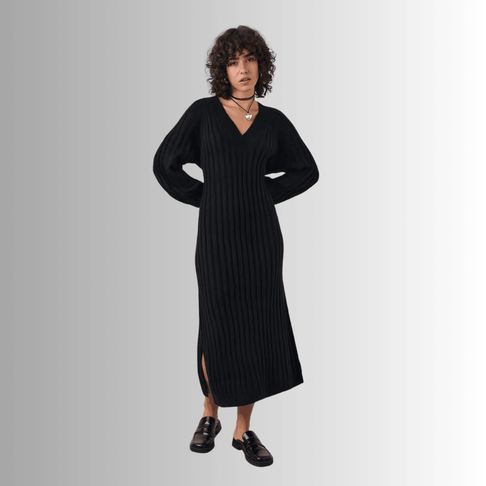 black knitted dress with long raglan sleeves nwb15