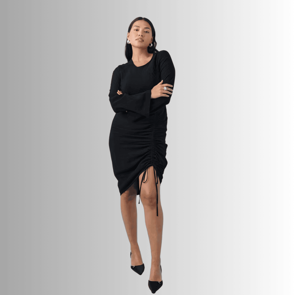 black long sleeved dress with gathered drawstring idjhi