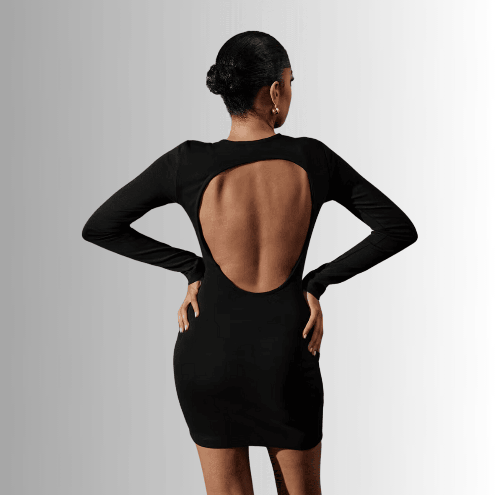 black long sleeved dress with open back v4tta
