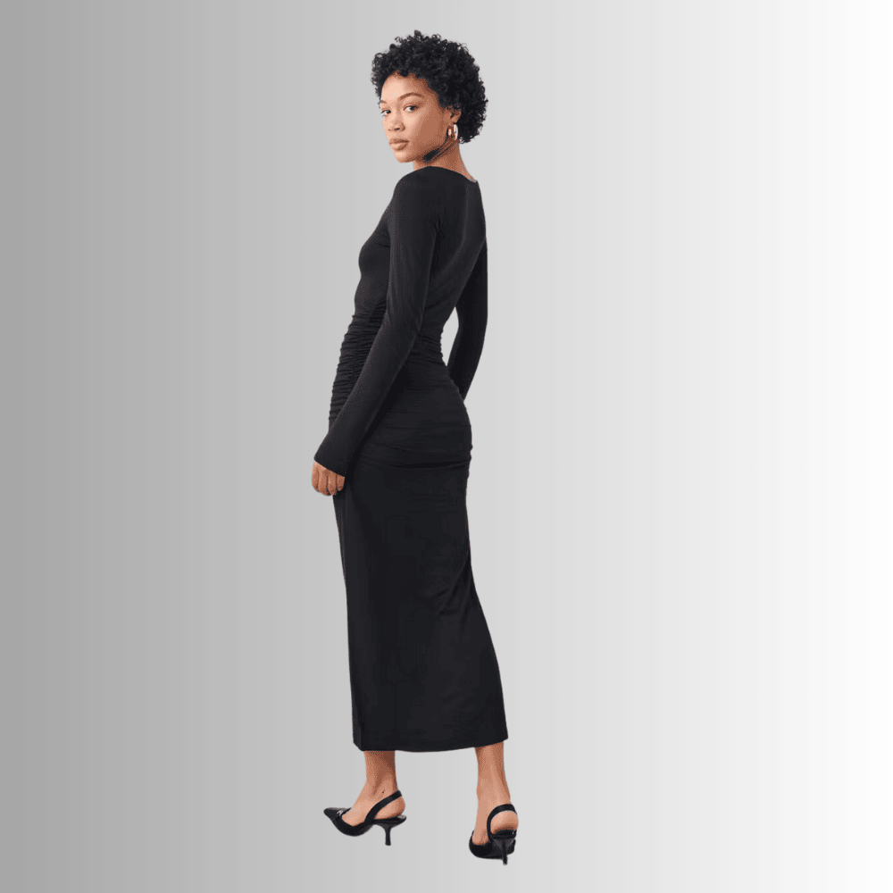 black long sleeved dress with ruching and deep neckline hvnri