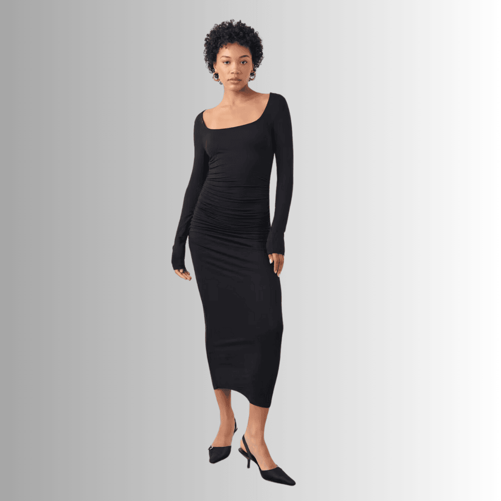 black long sleeved dress with ruching and deep neckline l0cyn