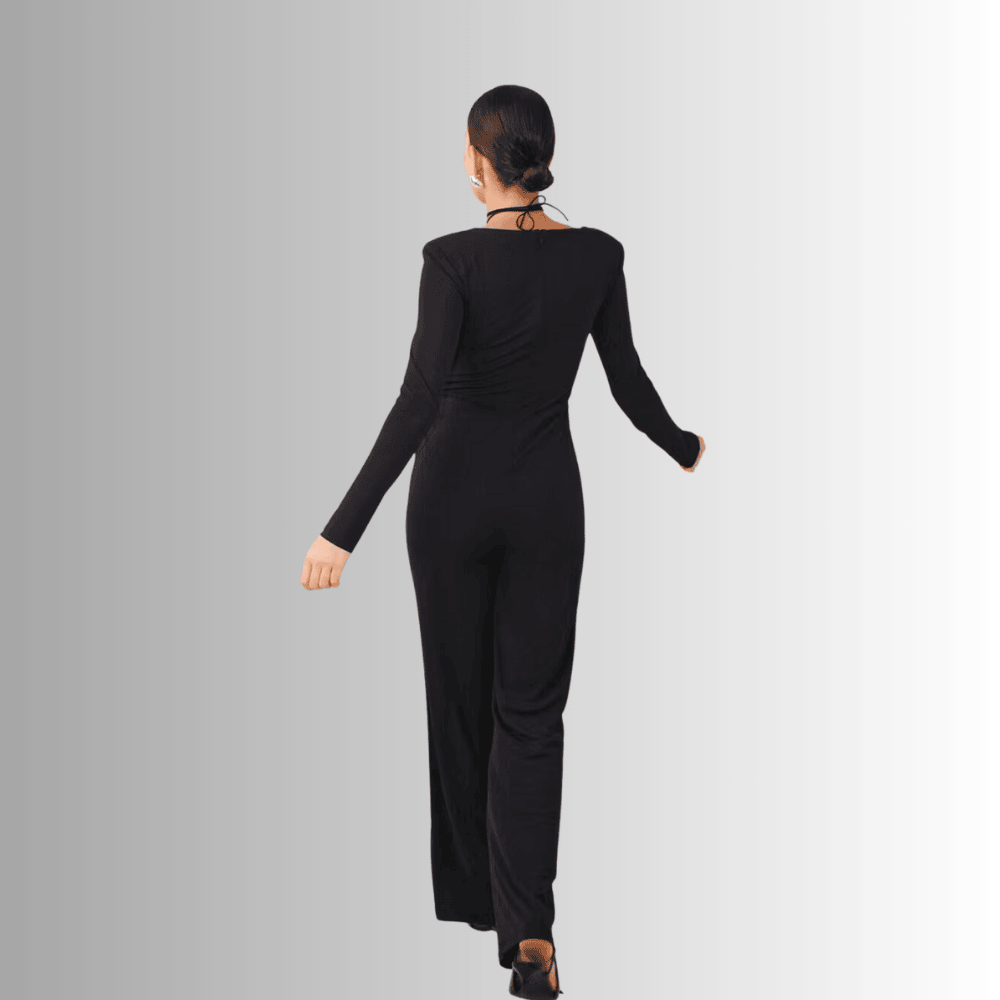 black long sleeved jumpsuit with square neckline btadz