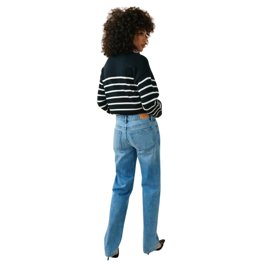 blue low waist straight leg jeans with normal length