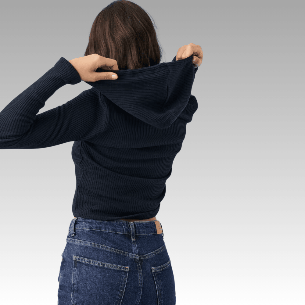 blue ribbed hoodie with figure hugging fit