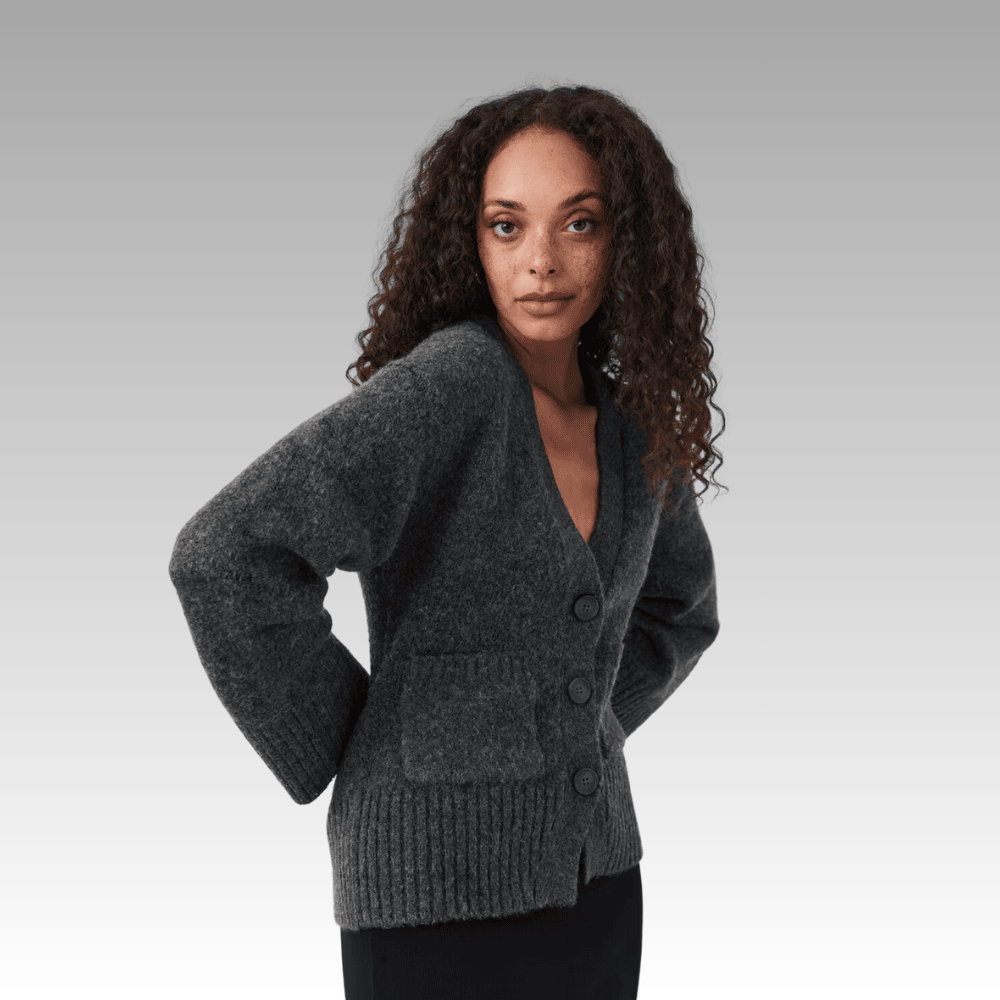 grey boxy fit knitted cardigan with v neck r9a2q