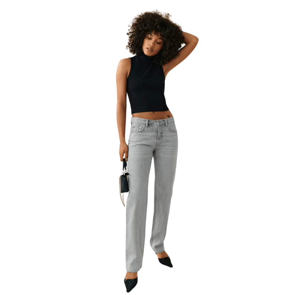 grey low waist straight leg jeans with normal length tuhjv