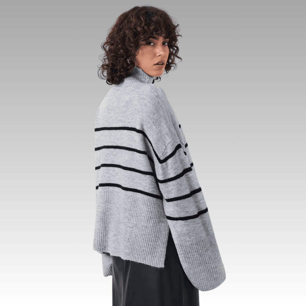 grey striped knitted sweater with turtleneck higop