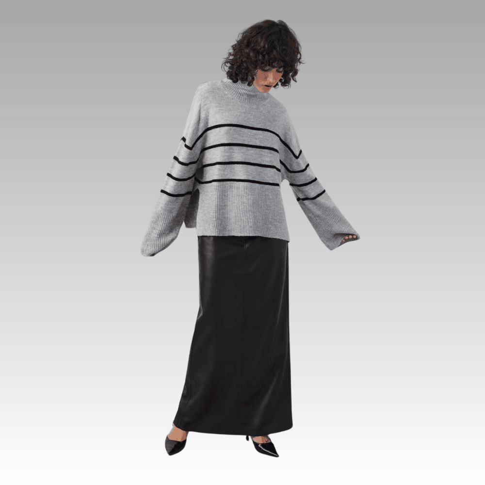 grey striped knitted sweater with turtleneck