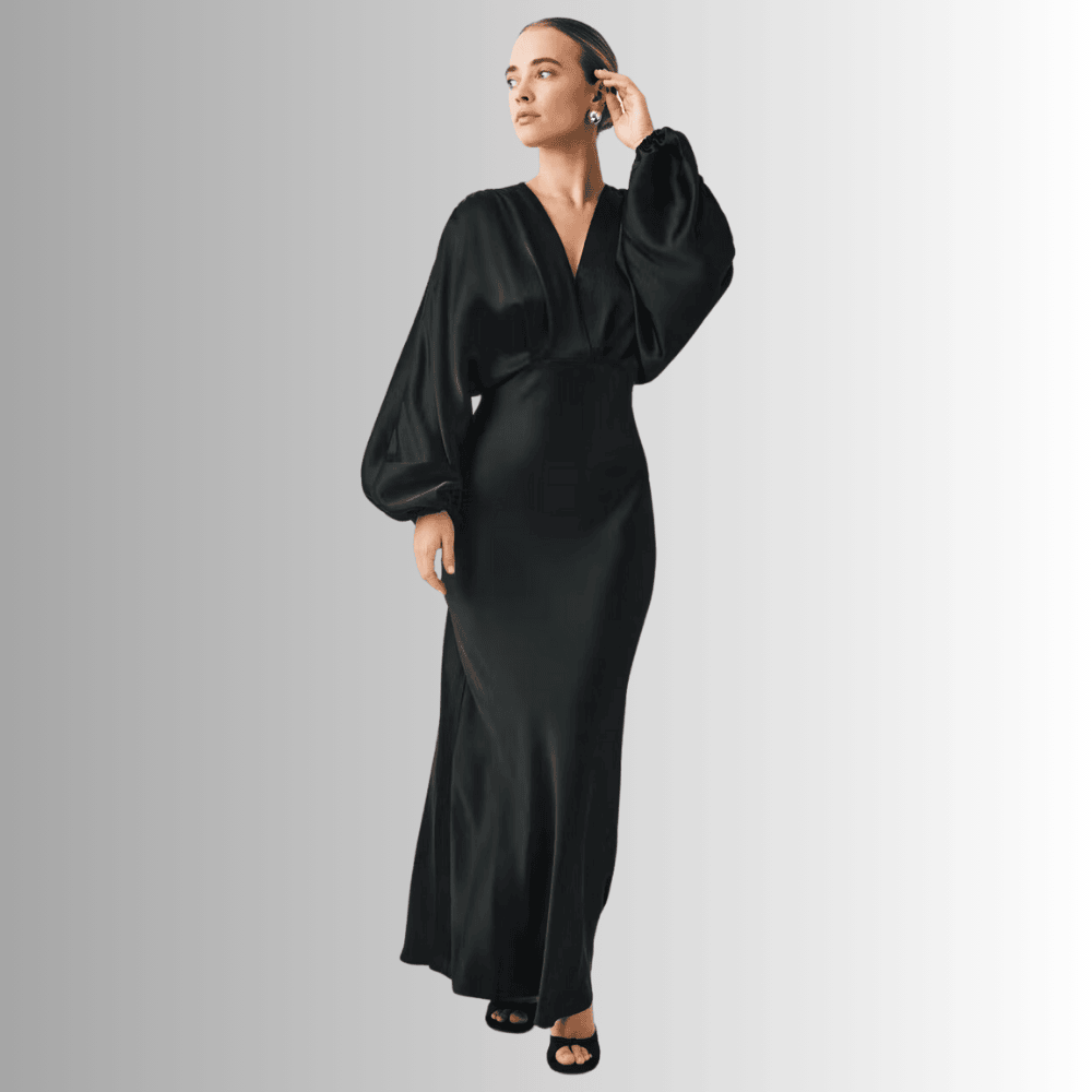 long black satin dress with voluminous sleeves rwee1