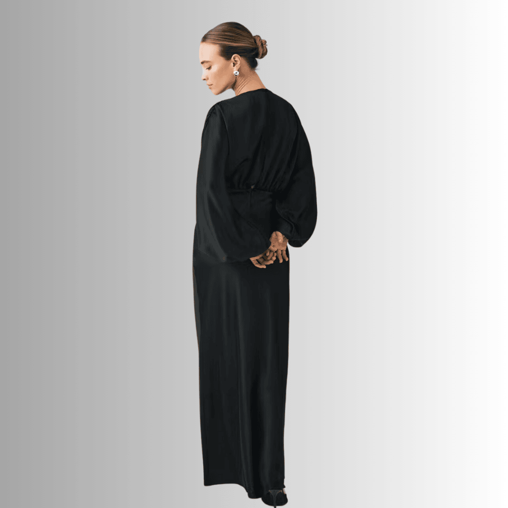 long black satin dress with voluminous sleeves wa7jn