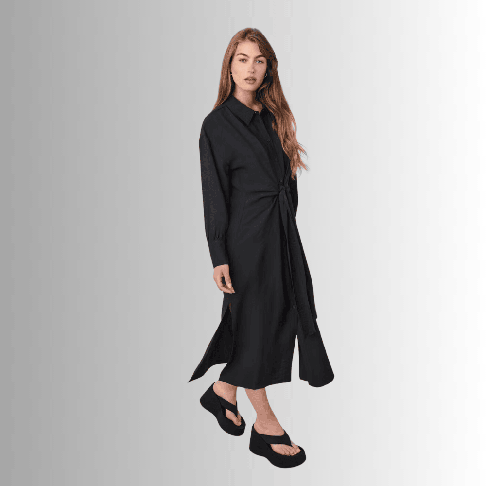 long black shirt dress with self tie front