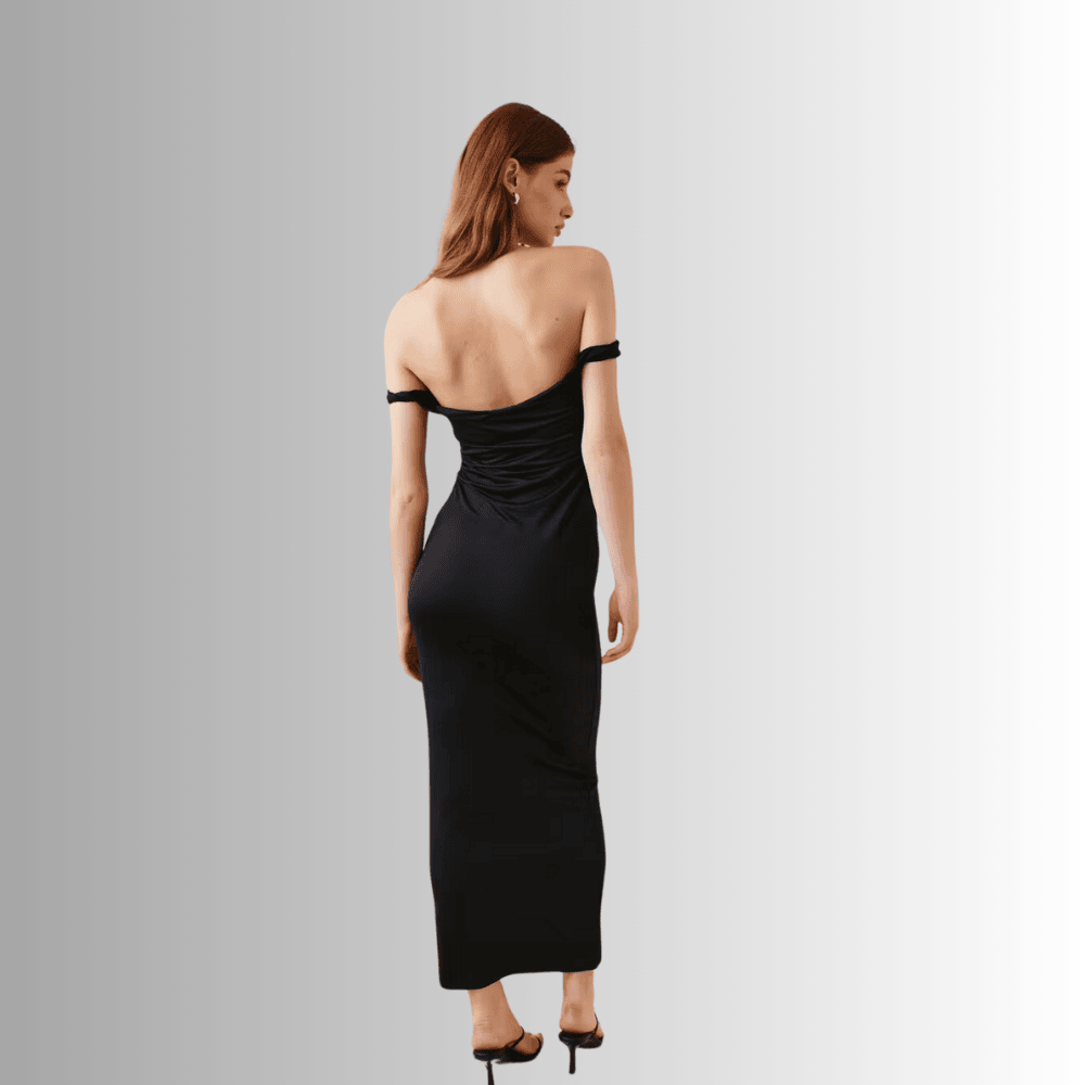 long off the shoulder black dress with twisted shoulder straps ewsc7