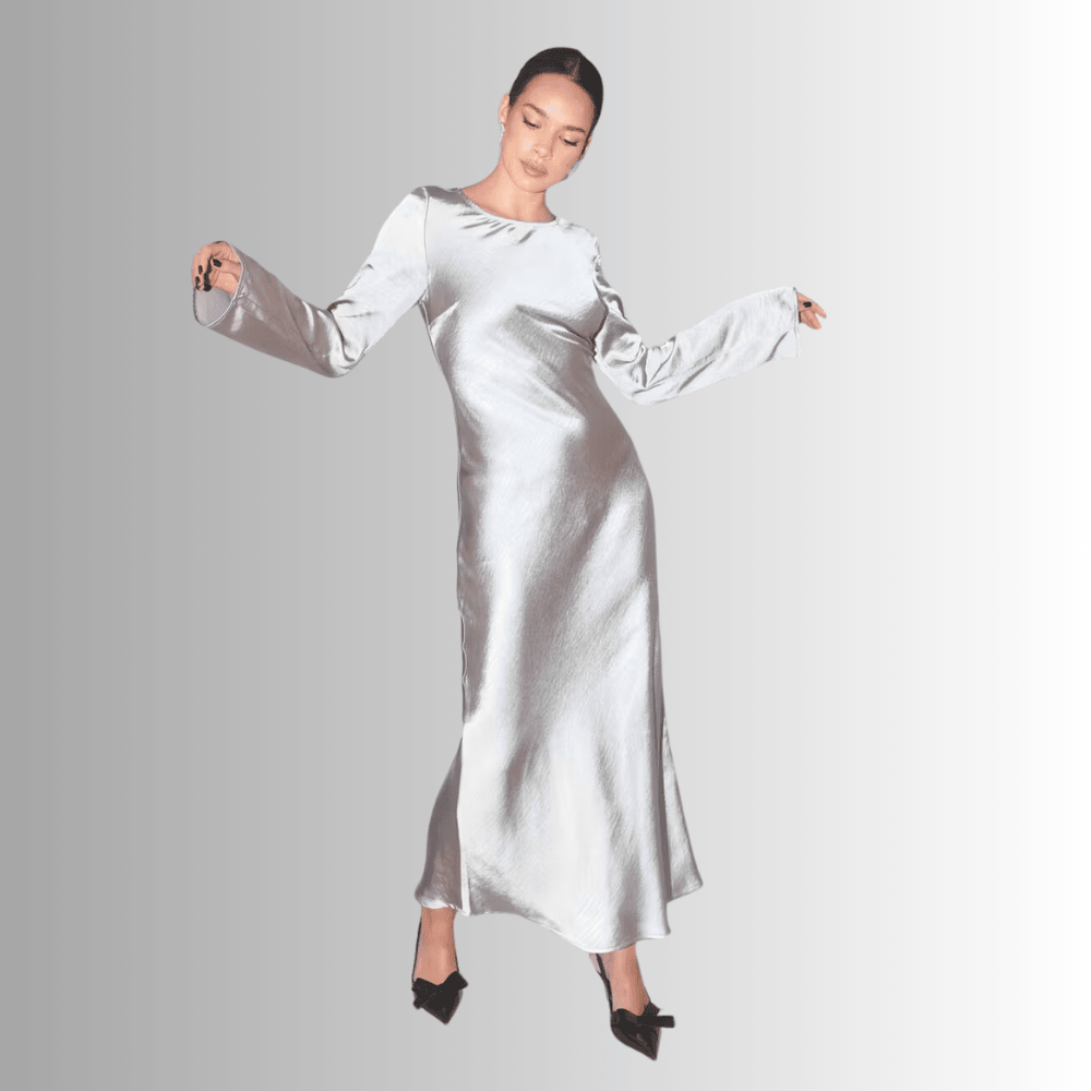 long sleeved beige satin dress with open back rwq5o