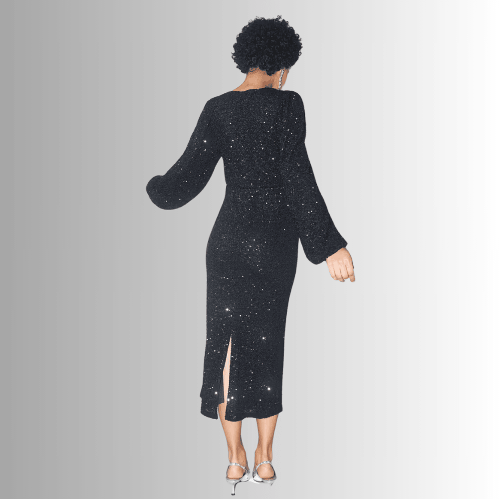 long sleeved black sequin dress with v neck 17qna