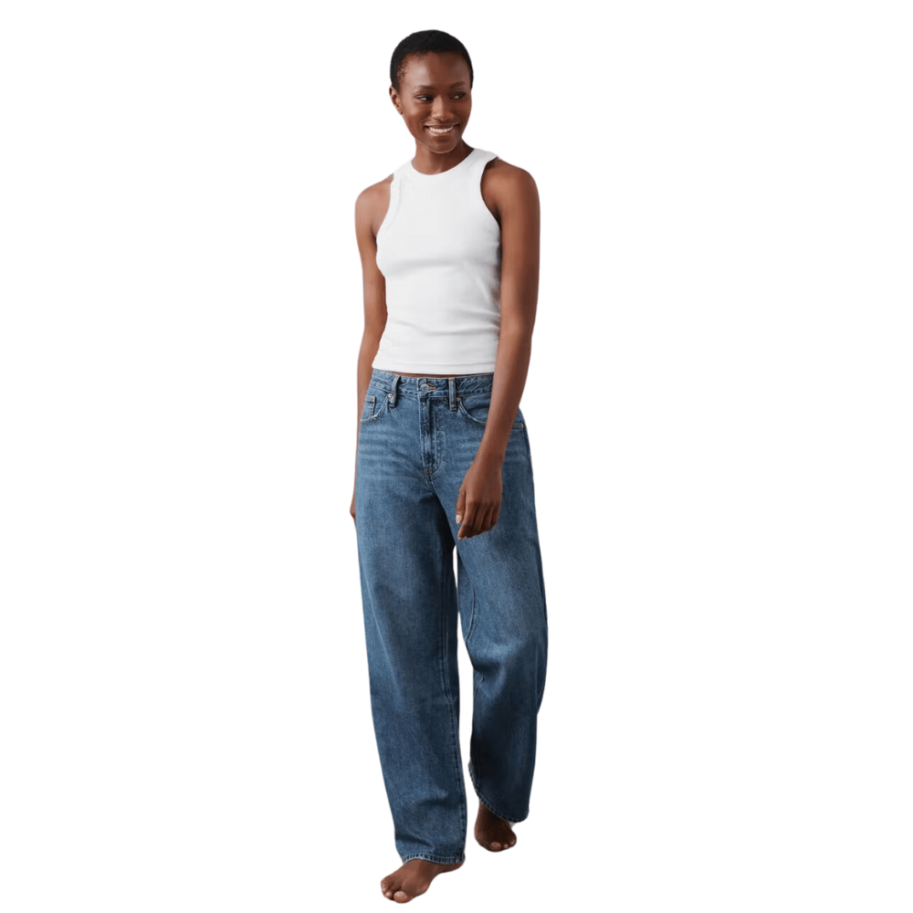 low waist blue jeans with full length trouser legs