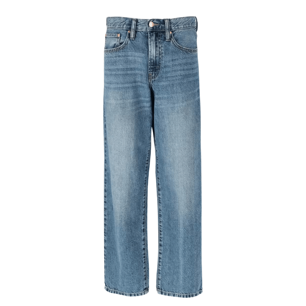 low waist blue jeans with full length trouser legs zvpkn