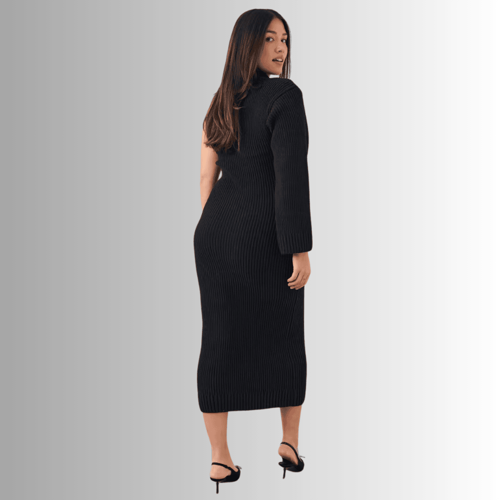 one shoulder long sleeve black dress with regular fit