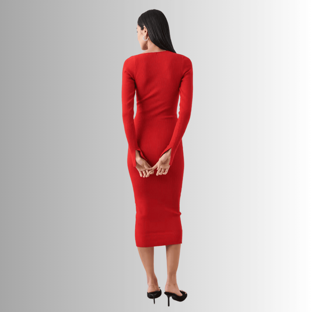 red long sleeved knitted dress slit sleeves