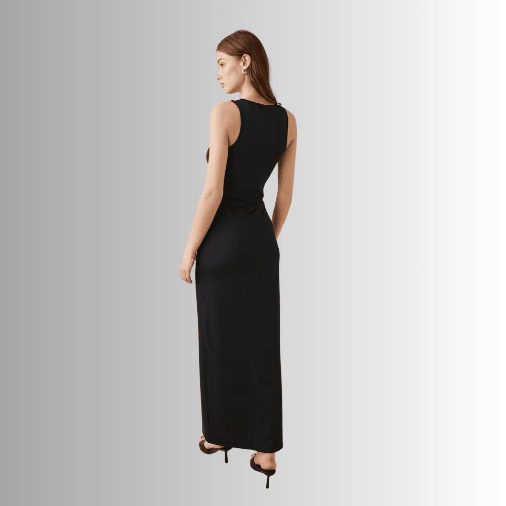 sleek sleeveless black maxi dress with cut out details lat3i