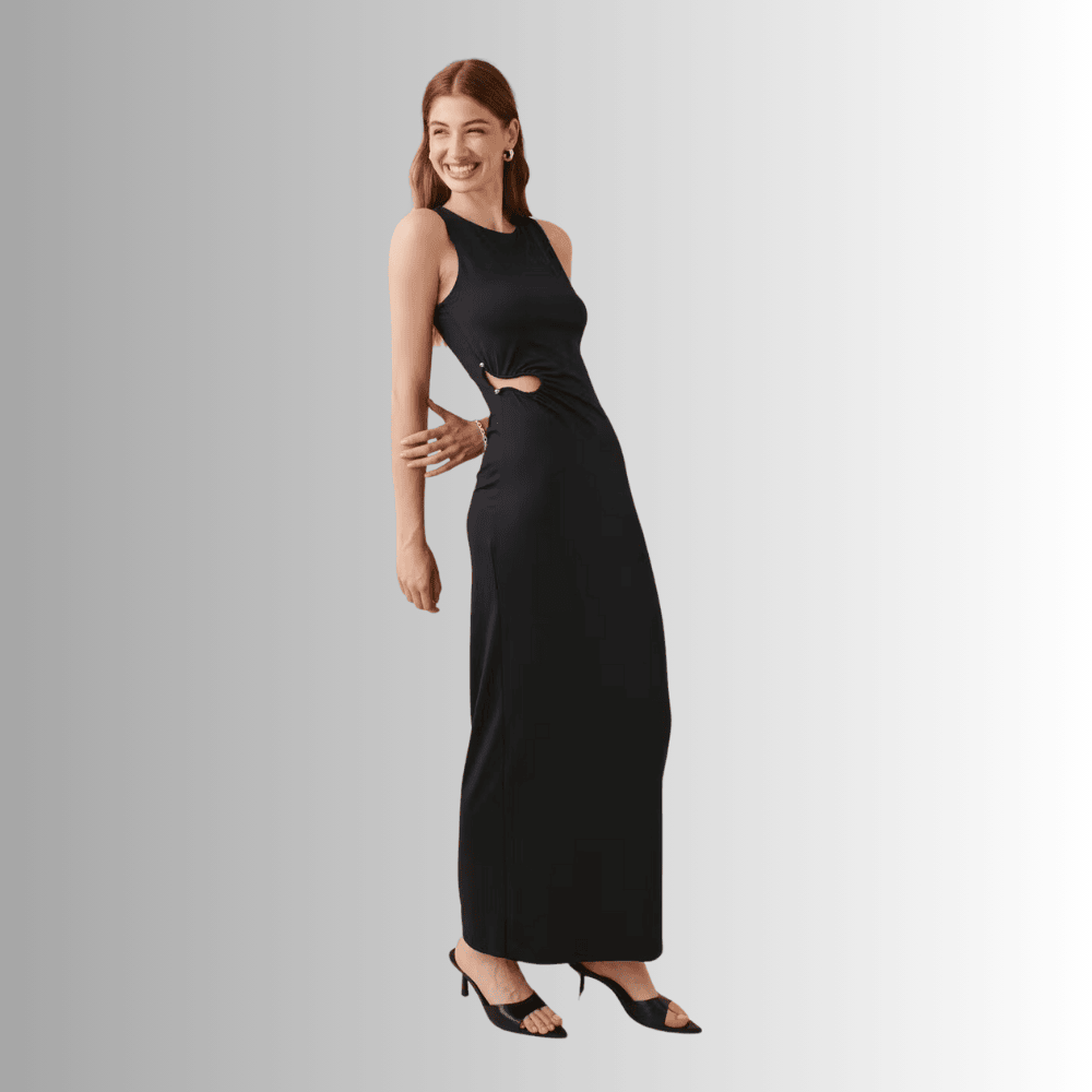 sleek sleeveless black maxi dress with cut out details