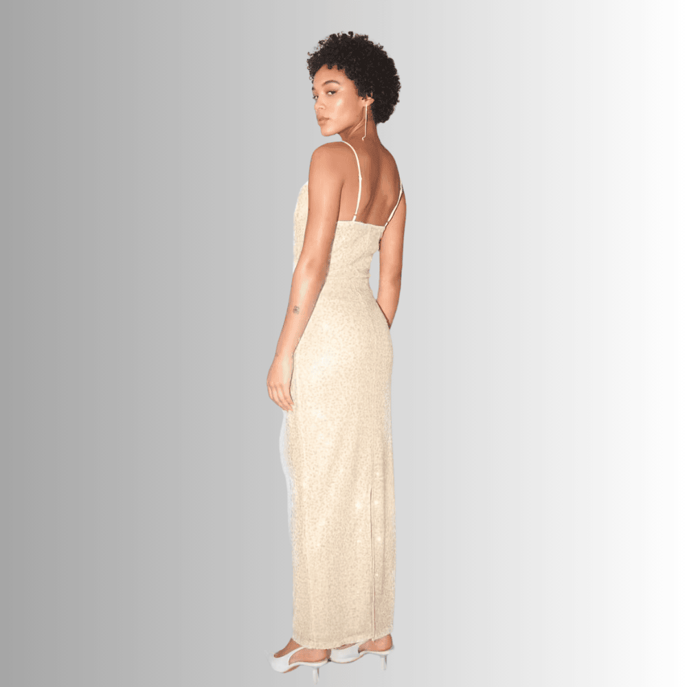 sleeveless beige sequin dress with back slit