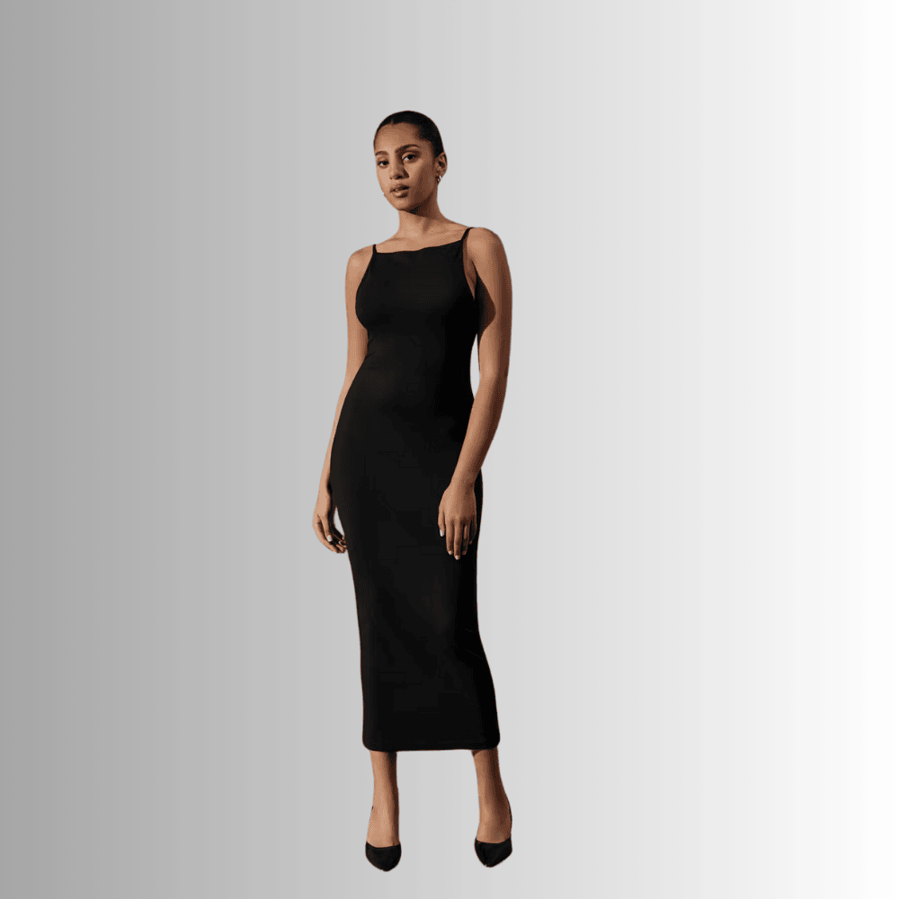 sleeveless black midi dress with open back 3n6rl