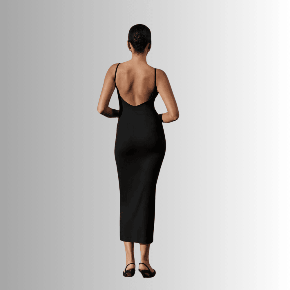 sleeveless black midi dress with open back