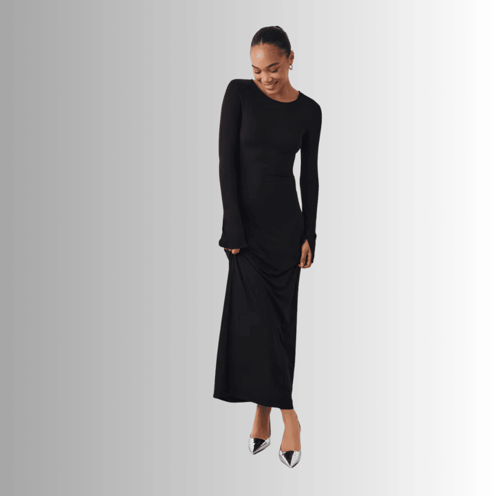 soft touch long sleeved maxi dress in black bzjez