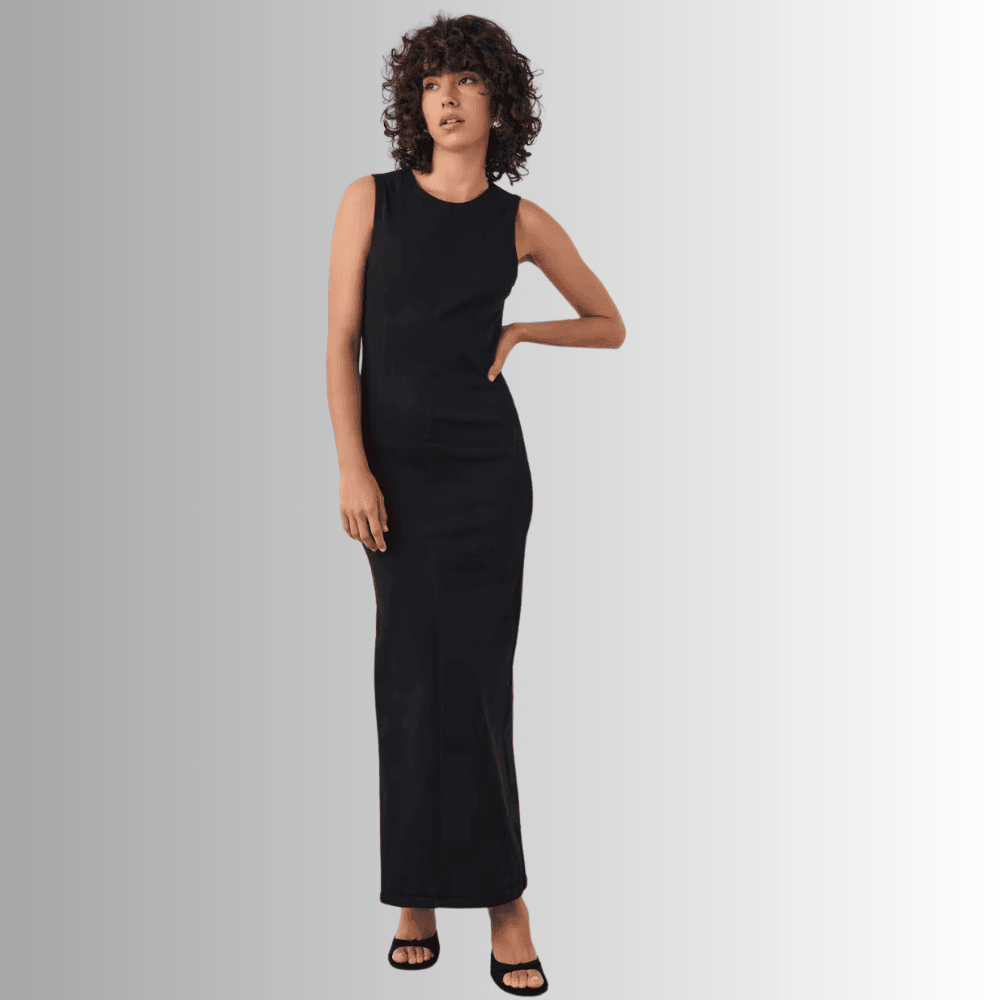 stylish long black denim dress with high slit d5mdd