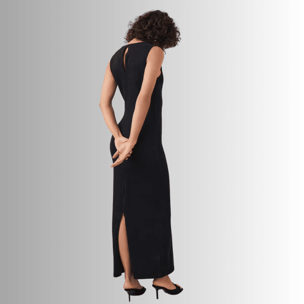 stylish long black denim dress with high slit oz3cu