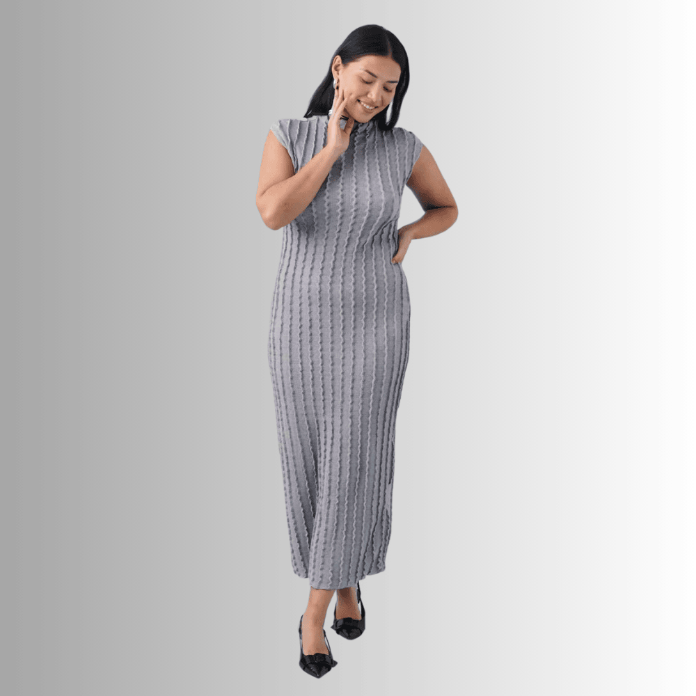 textured grey jersey dress with funnel neck q4oi5
