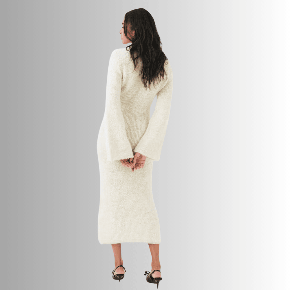 white boucl knit dress with turtleneck and lantern sleeve 7s0za