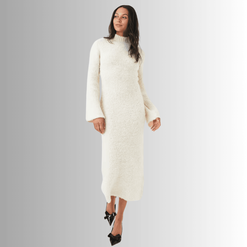 white boucl knit dress with turtleneck and lantern sleeve fl1ia