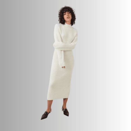 white knitted midi dress with turtleneck and ribbed quality isnee