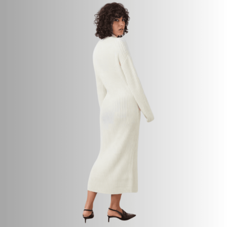 white knitted midi dress with turtleneck and ribbed quality sixho
